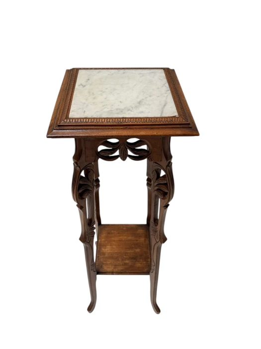Art Nouveau Pedestal Plant Stand, Hand-Carved Beech & Marble, 1900s